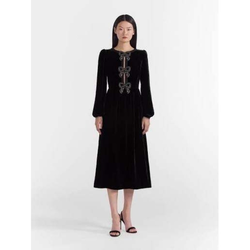 Saloni Camille Black Velvet Crystal Bow Keyhole Midi Dress Long Sleeve Sz 2